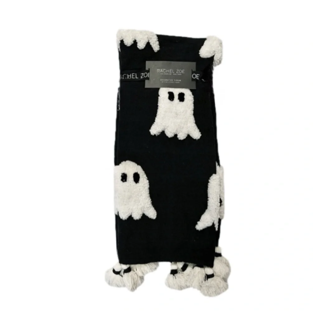 NWT Rachel Zoe Halloween Throw Blanket Black Tufted Ghosts Tassel Cottagecore